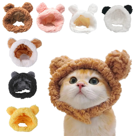 Funny Cat Cap Bear Plush Head Cover Cute Cat Dog Woven Warm Headdress Pet Hat Kitten Puppy Cosplay Costume Accessories