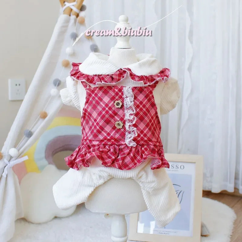 Pet Dog Clothes Red Plaid Suspender Dress for Dogs Clothing Cat Small Fake Two Pieces Cute Winter Chihuahua Pet Products 2023