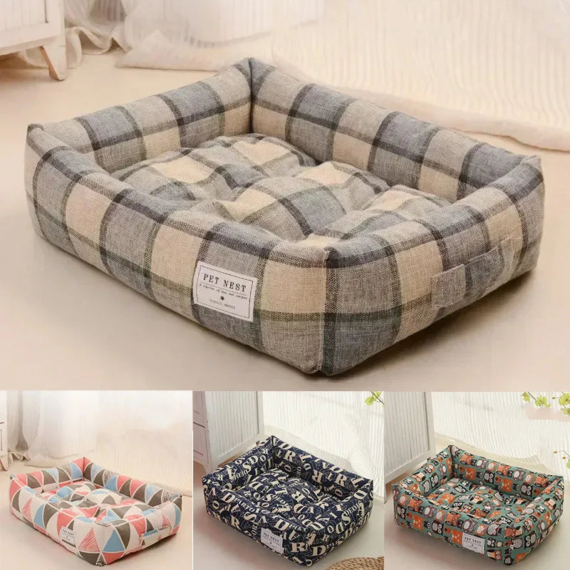 Plaid Printing Soft Removable&Washable Dog Bed Fabric Skin-Friendly Cotton&Linen Breathable Pet Sofa Square Cat Litte Dog Bed