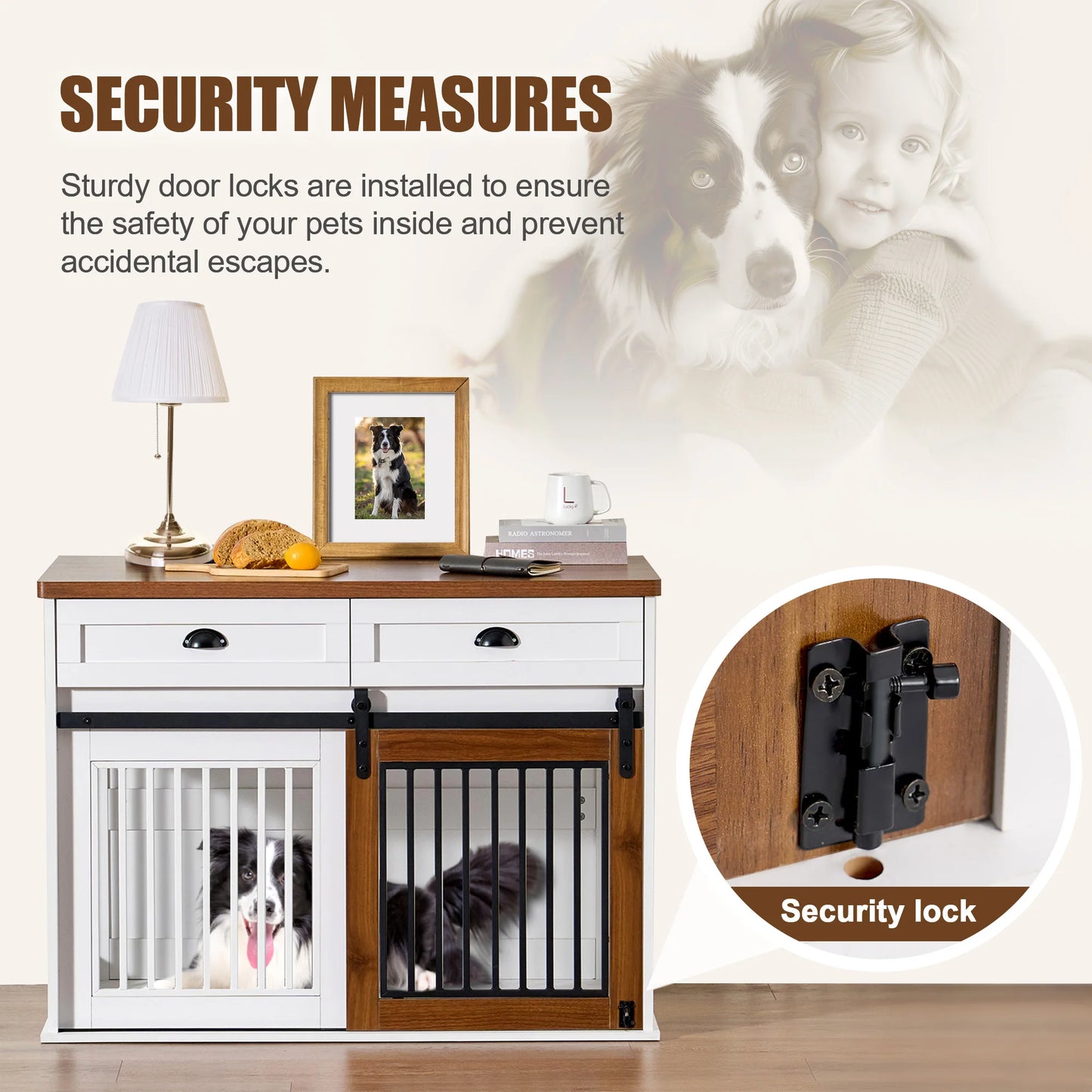 Heavy Duty Furniture Style Dog Crate Two Separate Drawers Large Storage Space Thicken Desktop Wooden Double Door Sideboard