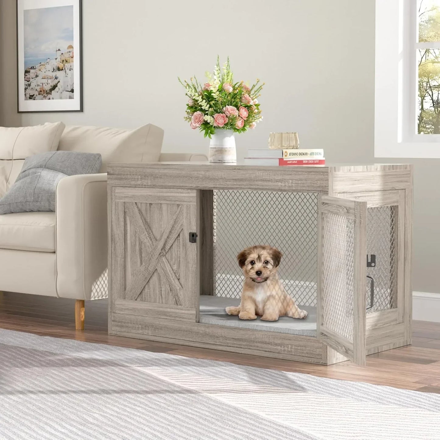 US Dog Crate Furniture with Double Doors, 36 Inch Wooden Dog Kennel End Table Indoor with Mesh, Decorative Pet Crate Indoor Use