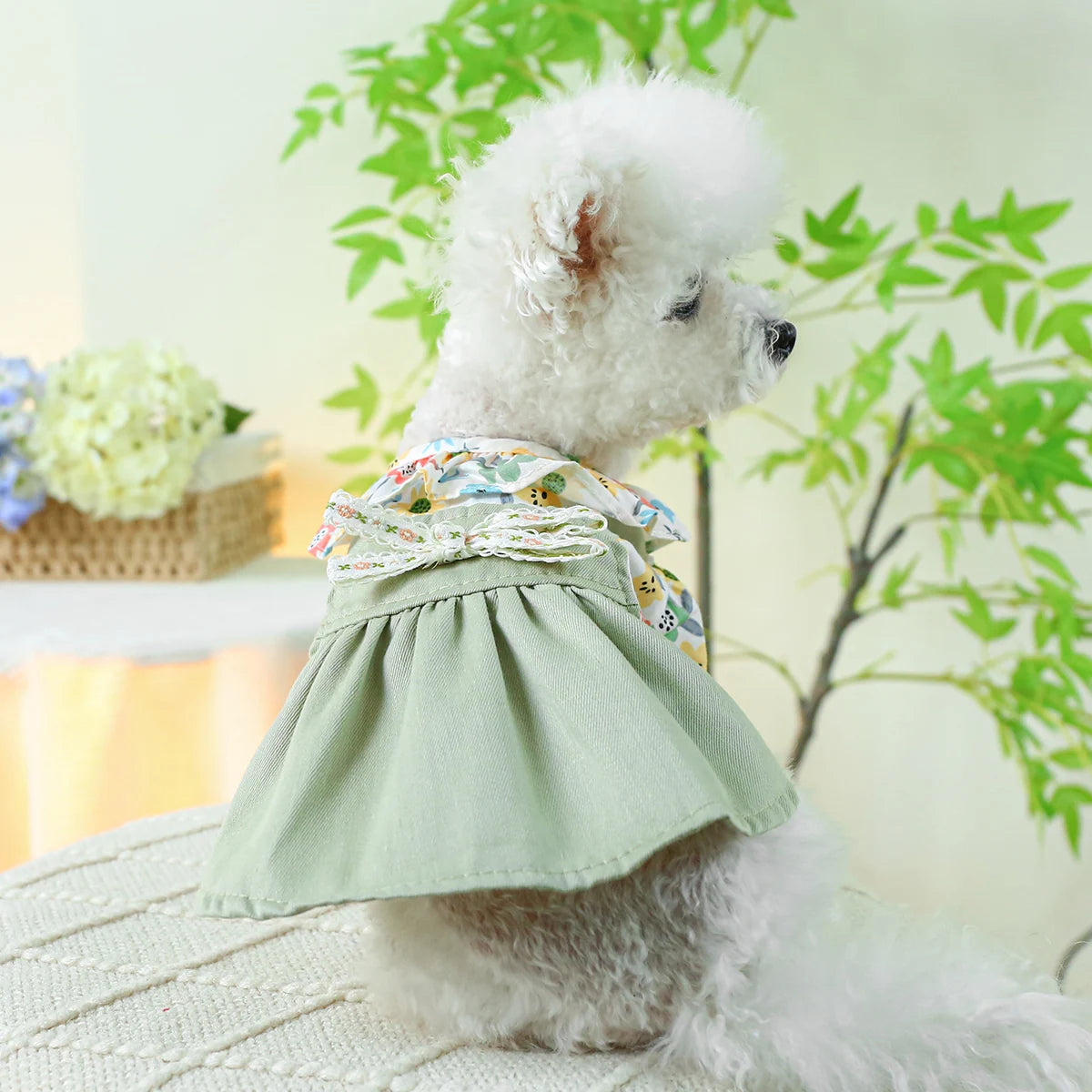 1PC Pet Clothing Cat Spring/Summer Thin High Waist Green Fragmented Flower Princess Dress Suitable for Small and Medium Dogs