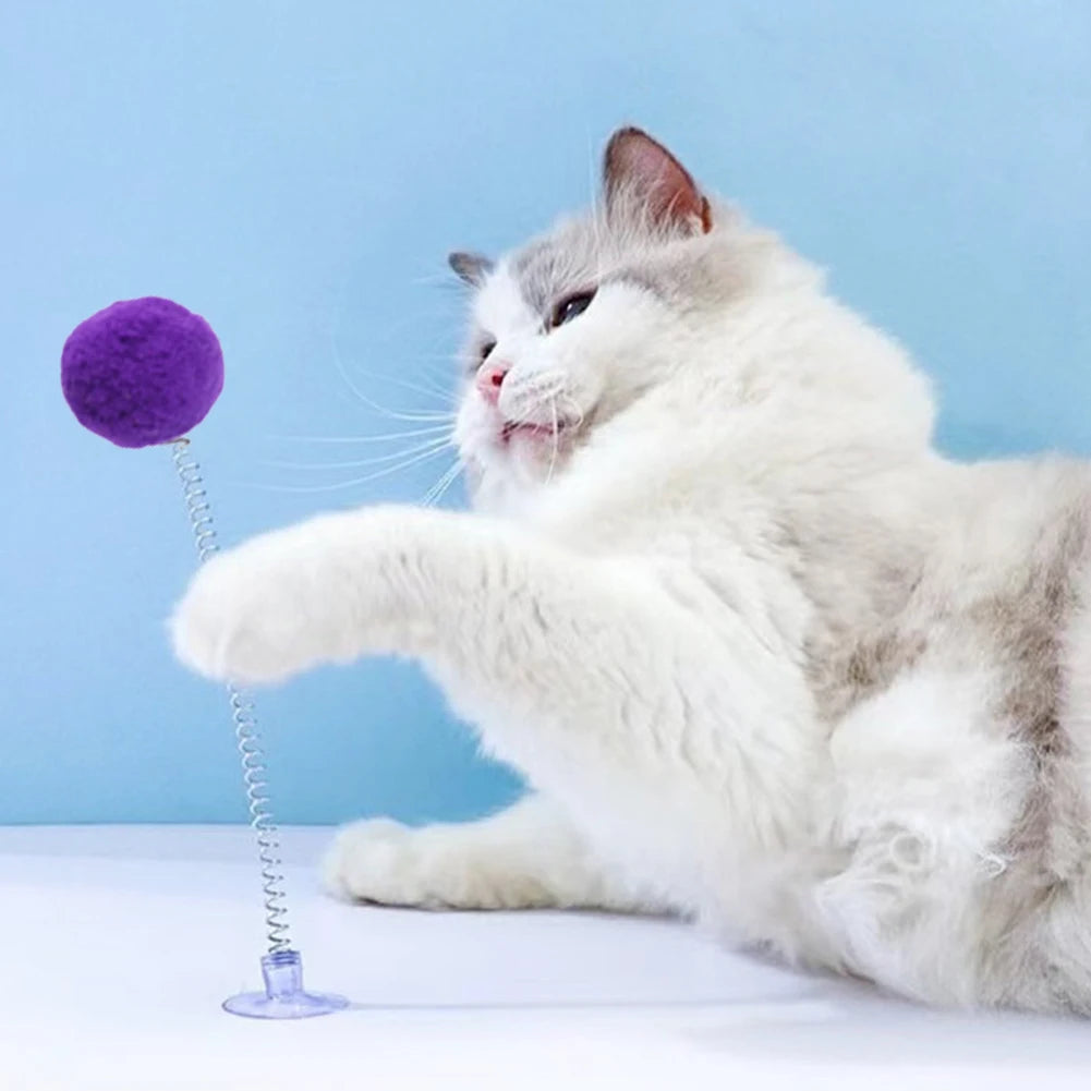 Cute Cat Fur Ball Cute Cat Teaser Wand Pet Products Spring Toy Cat Interactive Toys with Suction Cup Scratcher Toy Cat Supplies