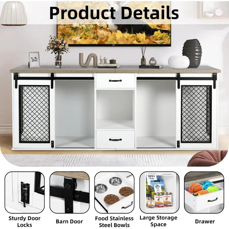 Large Dog Crate Furniture, 85" Sliding Door Double Kennel for 2 Large Dogs Divided, with 4 Dog Bowls and Drawer Indoor, White