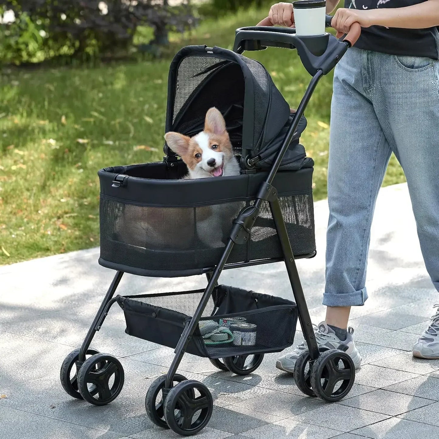 3 in 1 Folding Dog Stroller Pet Folding Stroller 4 Wheels Dog/Cat Puppy Stroller W/Removable Travel Carrier for Small/Medium Pet