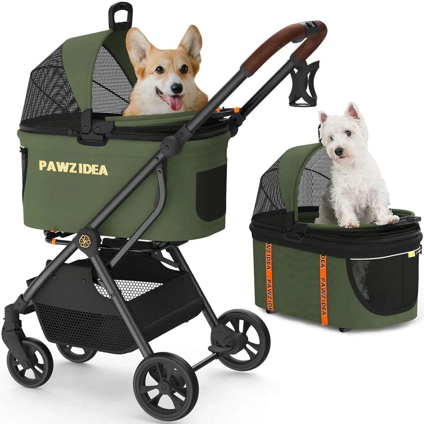 PAWZIDEA Dog Stroller 4 in 1, Pet Stroller for Cats with Detachable Carrier for Small/Medium Dogs/Cats, Seatbelt Car Seat Combo