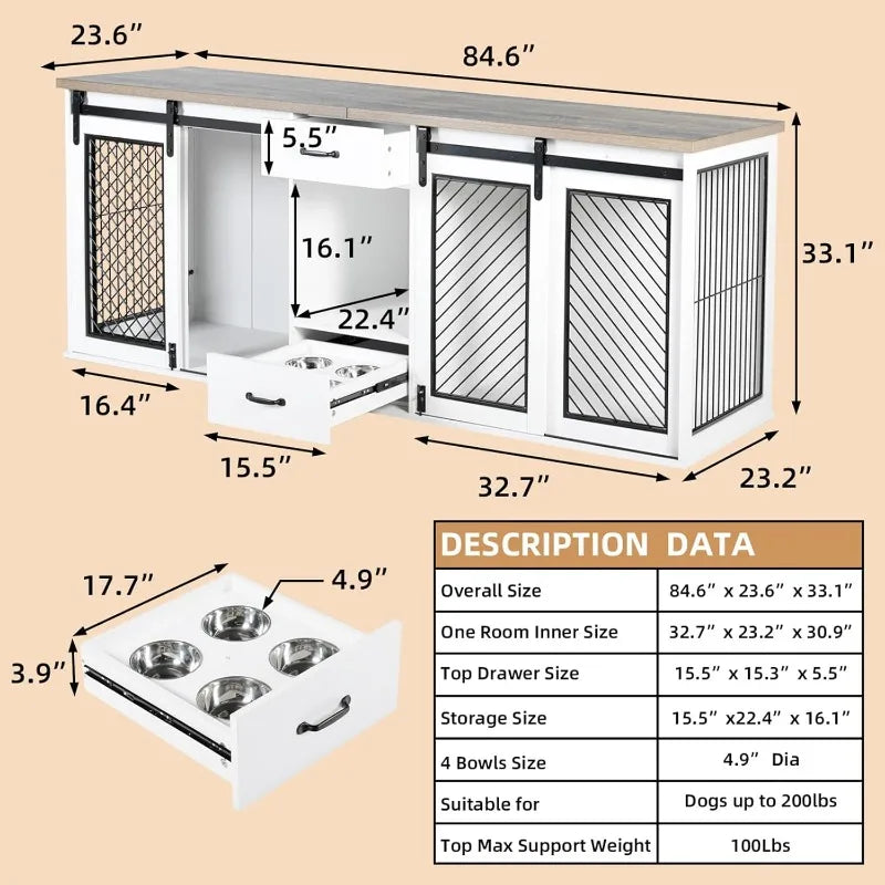 Large Dog Crate Furniture, 85" Sliding Door Double Kennel for 2 Large Dogs Divided, with 4 Dog Bowls and Drawer Indoor, White