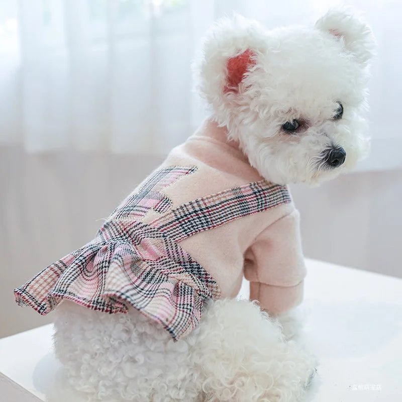 1PC Pet Clothes Cat Autumn/Winter Thick Bear Hug Pink Plaid Princess Dress Suitable for Small and Medium Dogs