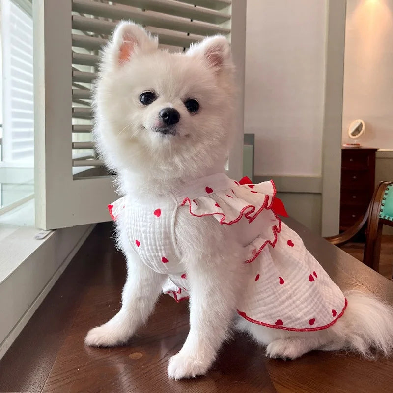 Summer  Dog Cooling Dress Thin Bow Heart Print Dog Clothes Pet Skirt Kitten Puppy Costume Chihuahua Bichon Yorkie Girls Dog Vest