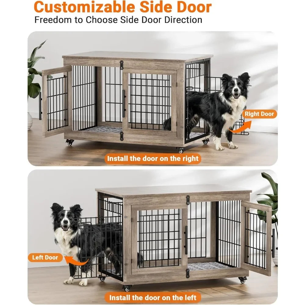 Dog Crate Furniture with Cushion , Large Wooden Dog Kennel Indoor with Double Doors,  Cage with Wheels, House