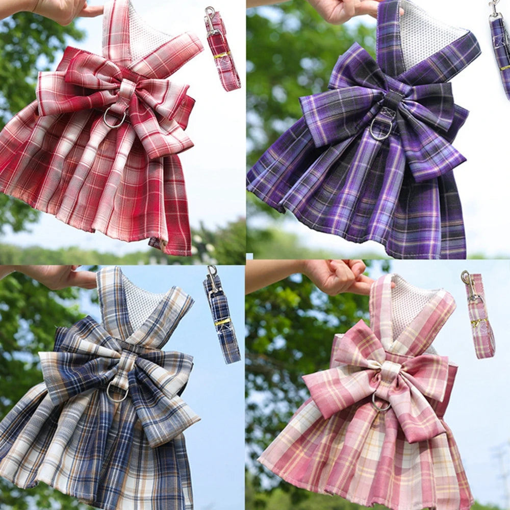 JK Dog Dress Harnesses with Leash Set Plaid Puppy Girl Skirt Doggy Dresses with Leash Ring Doggie Clothes for Small Medium Dogs