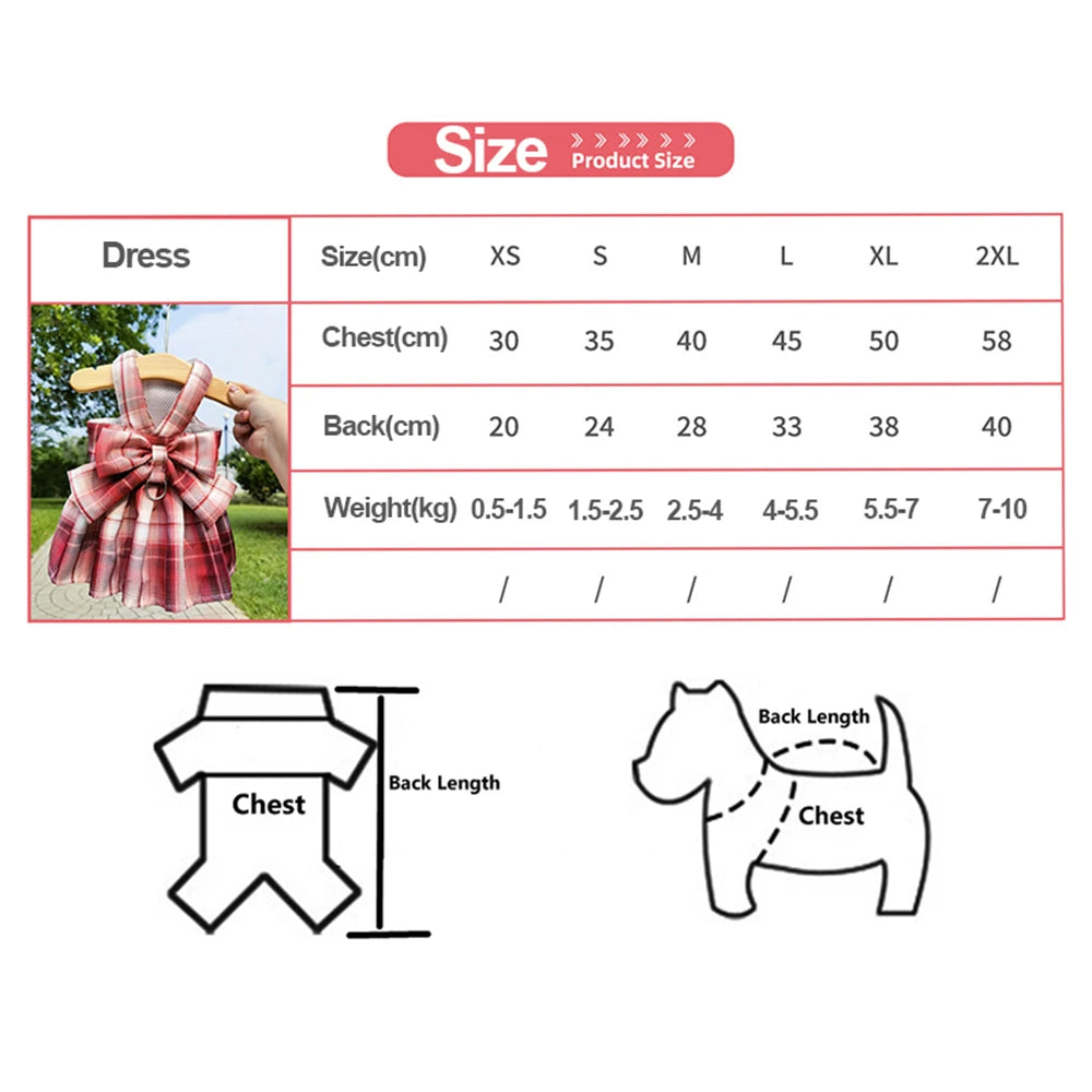 Cute Plaid Dog Dress Harness Leash Set Summer Girl Pet Clothes Bowknot Puppy Princess Dress Cat Dog Holiday Party Costume Outfit