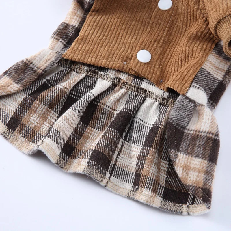 Plaid Dog Hoodie Dress Warm Soft Dog Sweater Skirt Outfit with Hat Autumn Winter Pet Coat Clothes for Small Medium Puppy Wearing