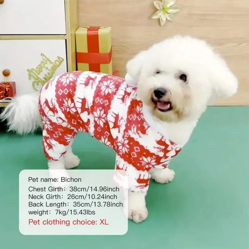 1pc Pet Christmas Reindeer Graphic Pajamas Hooded Jumpsuit For Puppy, Toy And Small Dog