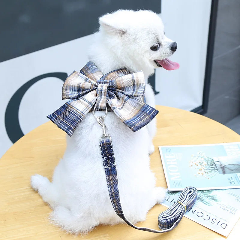 Pet Jk Plaid Dress Dog Harness and Leash Set Bow Skirt Kitten Puppy Vest Luxury Dog Clothes Chihuahua Dog Outfits Bichon Items