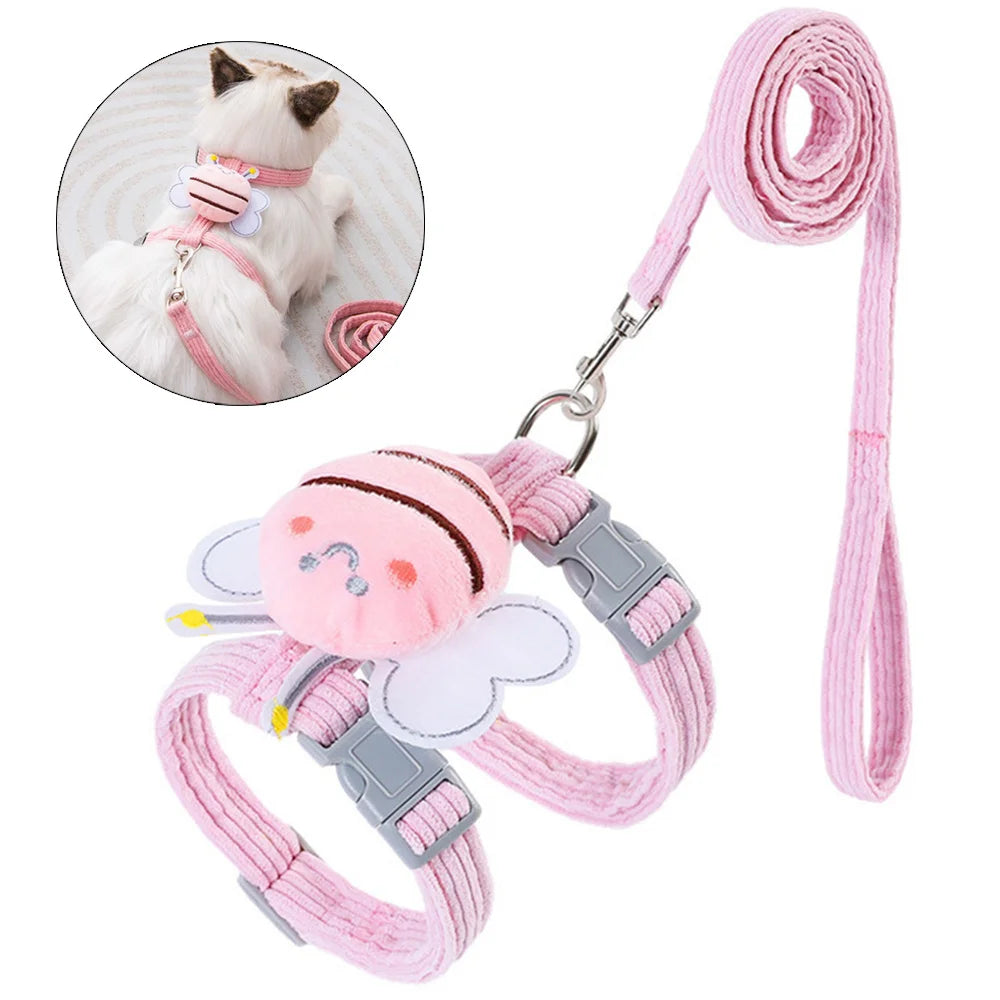 Cat Harness Leash Collar Set Adjustable Cartoon Bee Double Layer Dog Harness For Small Medium Pet Collar Leash Outdoor Walking