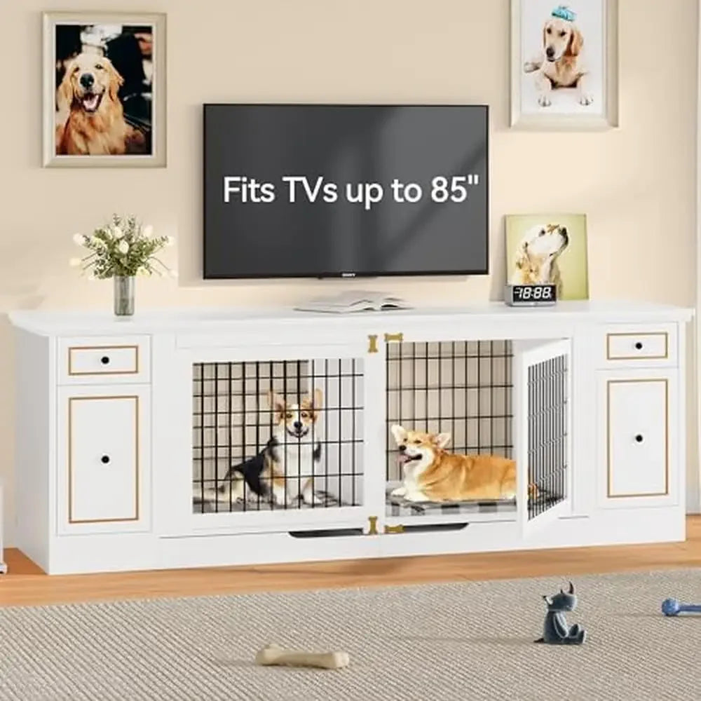 Double Dog Kennel Furniture Table with Storage 2 Small/Medium Dogs Wooden Dog House TV Stand White XL Storage Space Room Divider