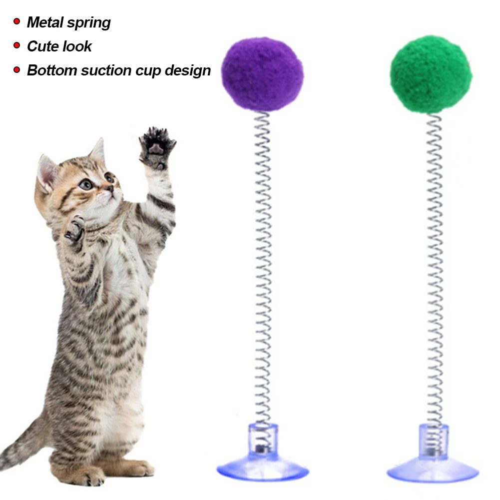 Cute Cat Fur Ball Cute Cat Teaser Wand Pet Products Spring Toy Cat Interactive Toys with Suction Cup Scratcher Toy Cat Supplies