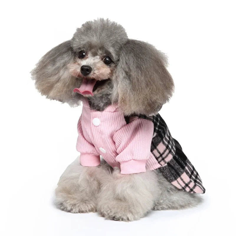 Plaid Dog Hoodie Dress Warm Soft Dog Sweater Skirt Outfit with Hat Autumn Winter Pet Coat Clothes for Small Medium Puppy Wearing