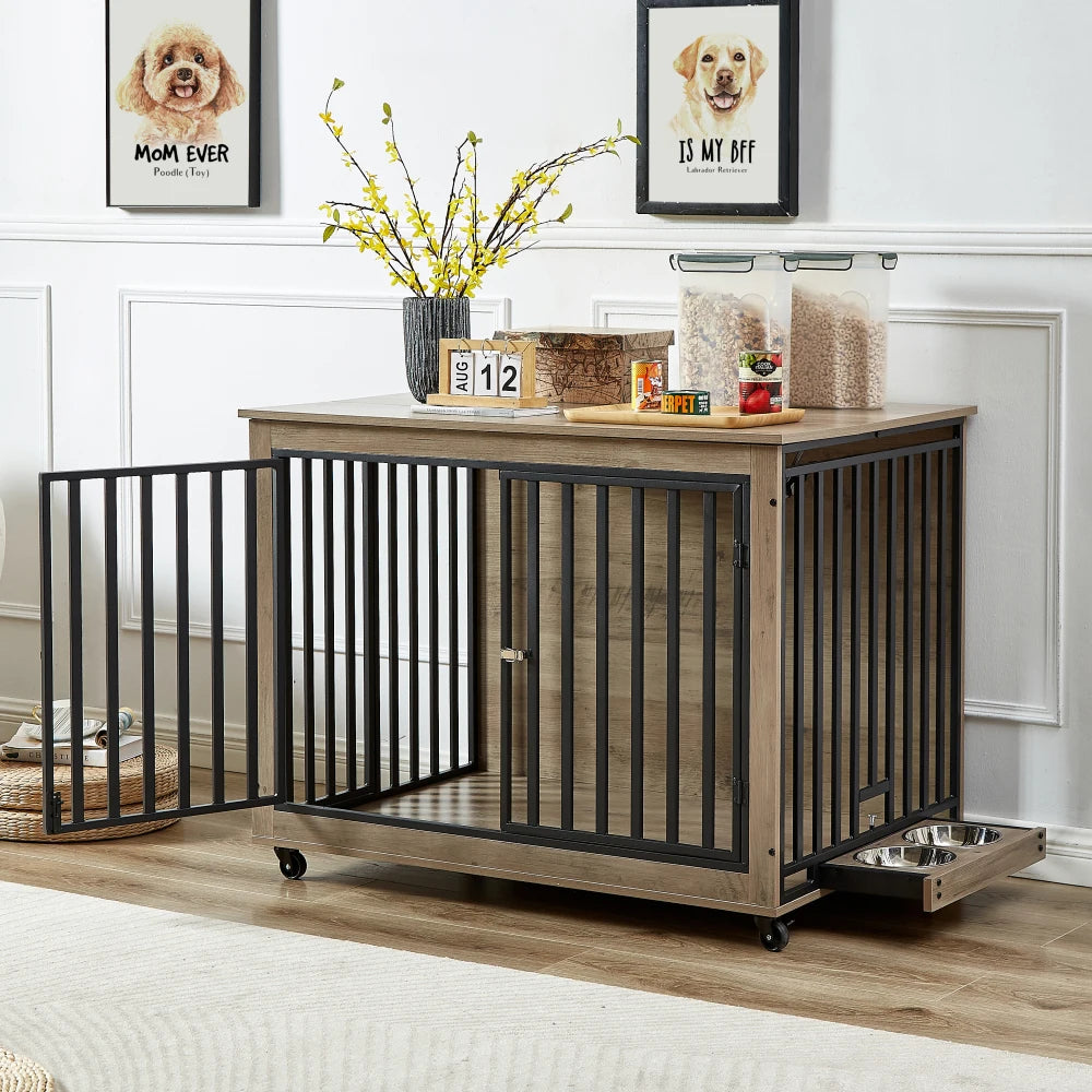 Furniture Style Dog Crate Side Table With Feeding Bowl Three Doors Flip-Up Top Opening Indoor Grey 38.58"W x 25.2"D x 27.17"H