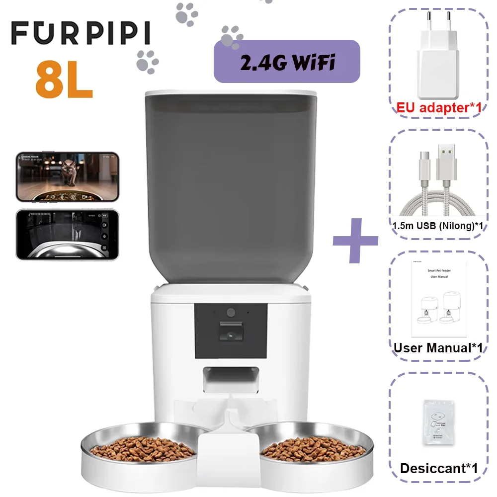 Automatic Feeder for Cats Dogs with Camera HD 4L/8L Furpipi HD 1080P 2.4G/5GWiFi Time Setting Feeder for Pets Dogs Cats Bowls