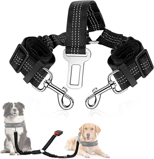 Dog Seat Belt, Double Dog Seatbelt Adjustable Vehicle Safety Leash with Elastic Bungee Buffer, Reflective No Tangle Y Shape Two