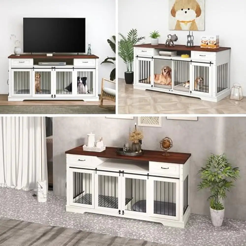 Jaula grande de madera para perros, mueble con divisor extraíble, resistente perrera de granja de 71 pulgadas, soporte para TV para 2 perros, organizador de correa y juguetes