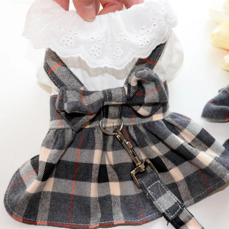 Pet Harness Dress With Leash Set Princess Dog Dress For Small Dog Fashion Simple Plaid Puppy Dresses With D Ring Clothes Outfits