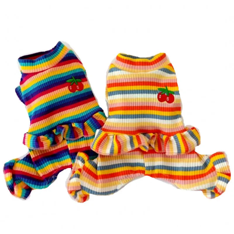 Rainbow Strip Puppy Clothes Cherry Pattern Dog Hoodies Jumpsuit Princess Pajamas For Small Medium Dogs Yorkshire Pet Cat Pyjamas