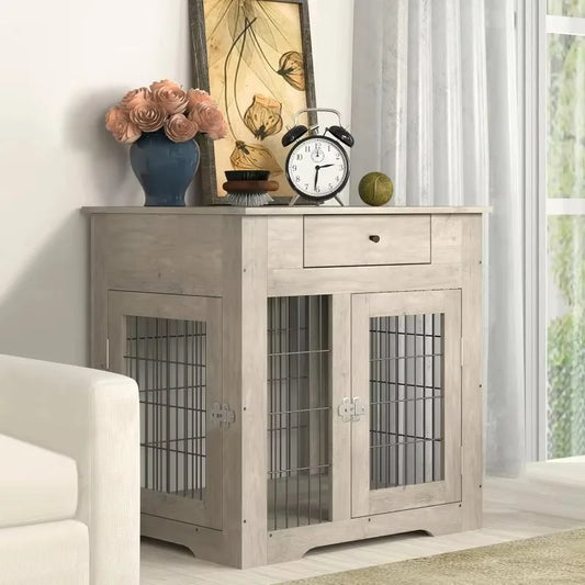 Dog Crate Furniture Style Dog Cage Side Table With Drawers  For Medium/Large Dog,Grey,29.92" L