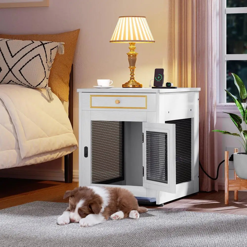 Wooden Dog Kennel End Table Crate Furniture USB Charger Small Dogs Indoor White Safe Stable Cleaning Tray Diamond Iron Mesh Dual