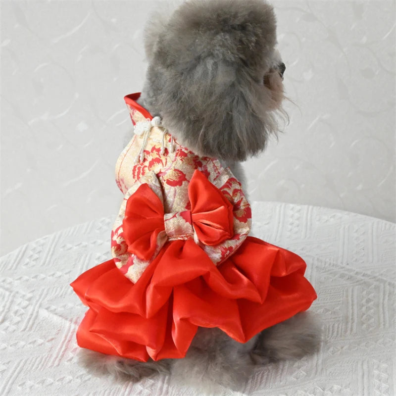 Chinese Style Dog Cheongsam Dress New Year Pet Clothes Tang Suit Puppy Small Dog Costume Dresses Princess Skirt Dog Clothing Xs