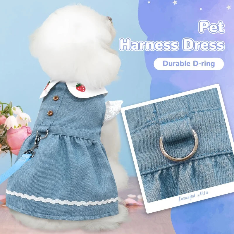 Fashion Dog Denim Skirt for Small Dogs Pet Dog Clothes Summer Puppy Princess Dress Strawberry Print Cat Dress Chihuahua Costumes