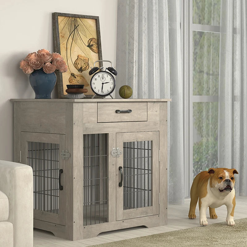 Furniture Style Dog Crate End Table with Drawer, Pet Kennels with Double Doors, Dog House Indoor Use,29.9''x24.8''x30.71''