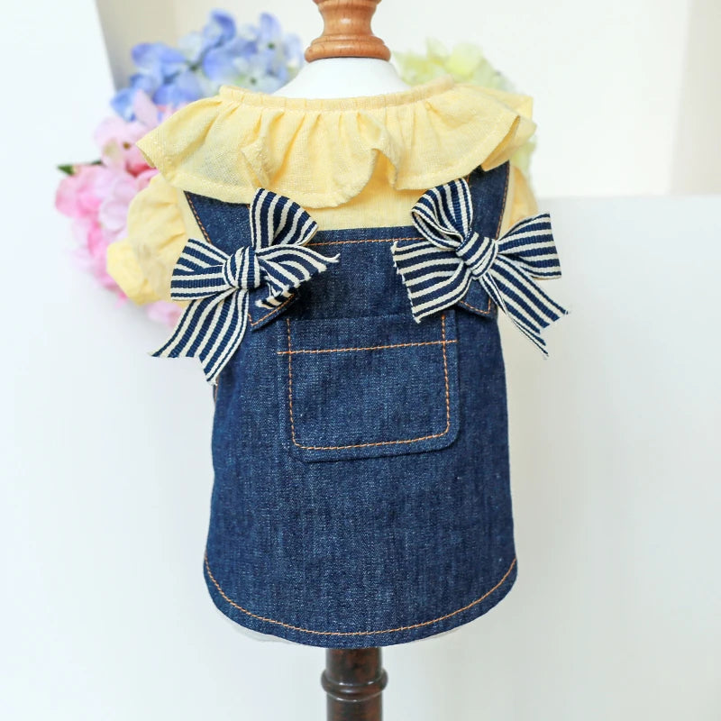 1PC Pet Apparel Spring/Summer/Autumn Thin Yellow Denim Bow Strap Princess Dress Suitable for Small and Medium sized Dogs