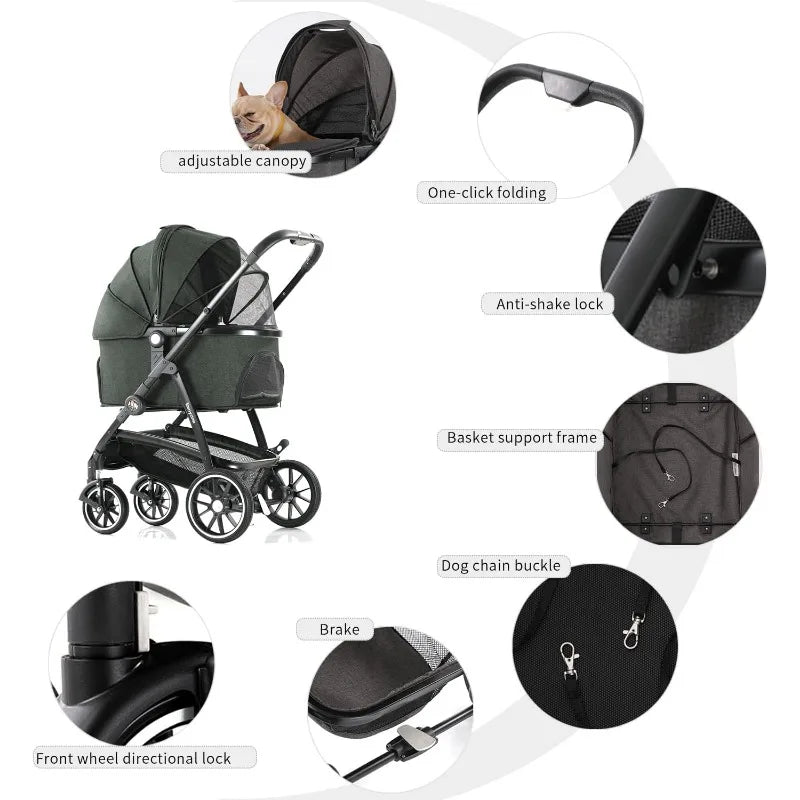 Kenyone Pet Stroller 3 in 1 Dog Stroller for Medium Small Size Dogs, Large Cat Stroller with Detachable Carrier for Puppies