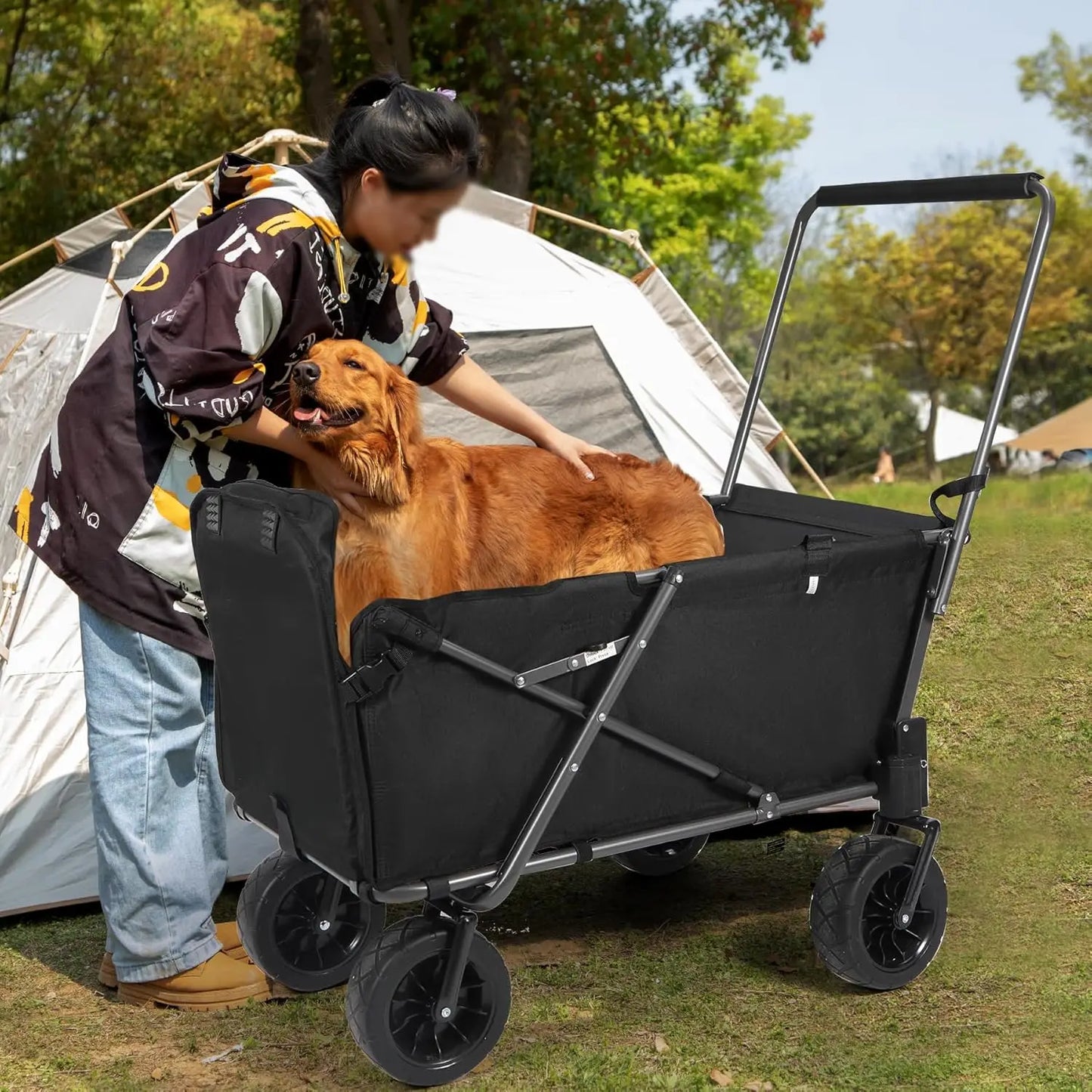 Folding Dog Wagon Cart with Extendable Rear End Heavy Duty, 220L Large Collapsible Utility Cart Dog Stroller with Tailgate for S