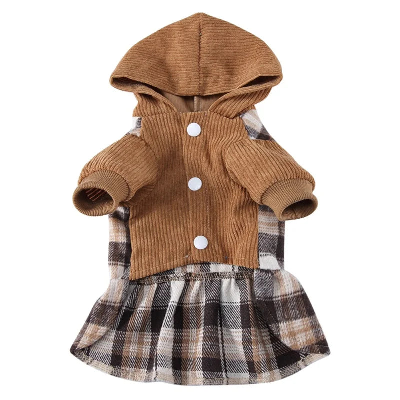 Plaid Dog Hoodie Dress Warm Soft Dog Sweater Skirt Outfit with Hat Autumn Winter Pet Coat Clothes for Small Medium Puppy Outfits