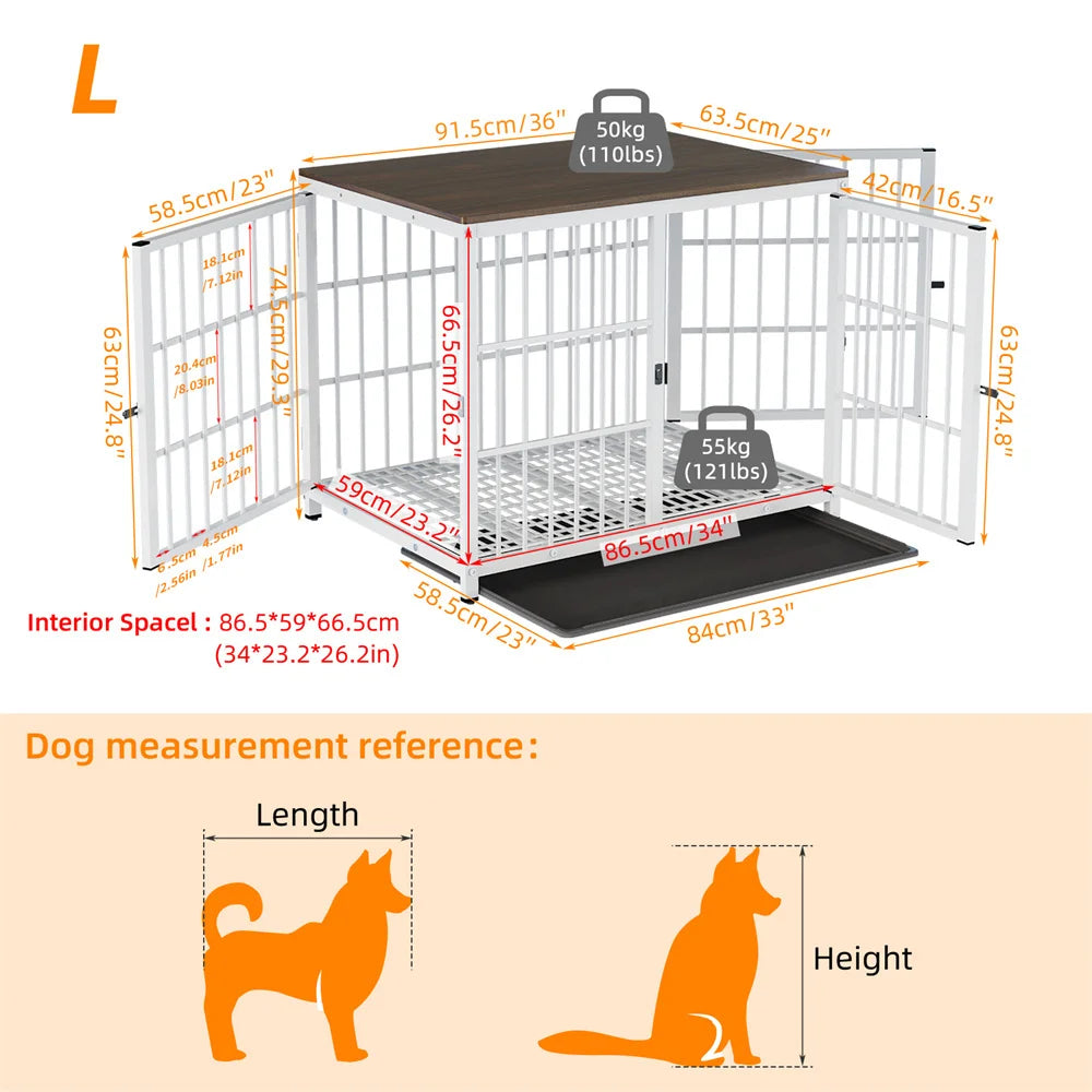 Large Wooden Dog Crate Indoor Furniture Style Elevated Pet Dog Cage Kennel End Table Lattice Playpen with 3 Doors Removable Tray