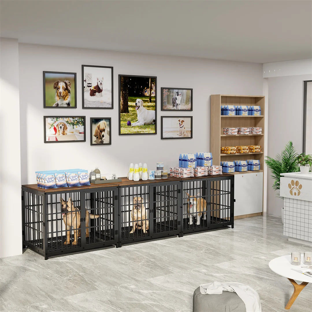 Furniture Style Dog Crate White Pet Kennel Black Cage End Table with Three Doors and Removable Tray, for Small Medium Large Dogs