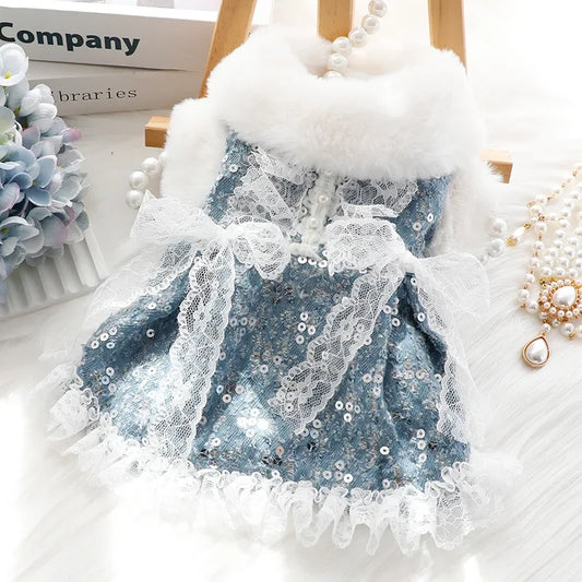 Denim Dog Dresses, Two Feet Pet Clothes, Clothes for Small Dogs, Pet Clothing, Blue Color, Lace Decoration