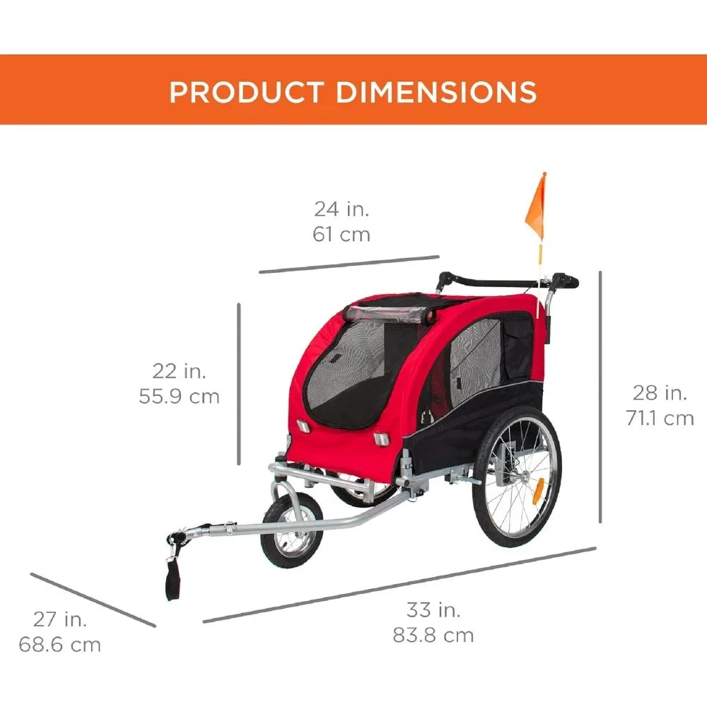 2-in-1 Dog Bike Trailer, Pet Stroller Bicycle Carrier w/Hitch, Suspension, Visibility Flag and Reflectors, 66lb Weight Capacity