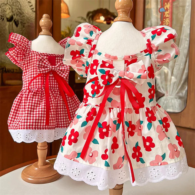 Summer Dog Dress Cute Flower Pattern Plaid Skirts Cat Princess Dresses Chihuahua Yorkie Sweet Skirts Puppy Clothes Pet Costume