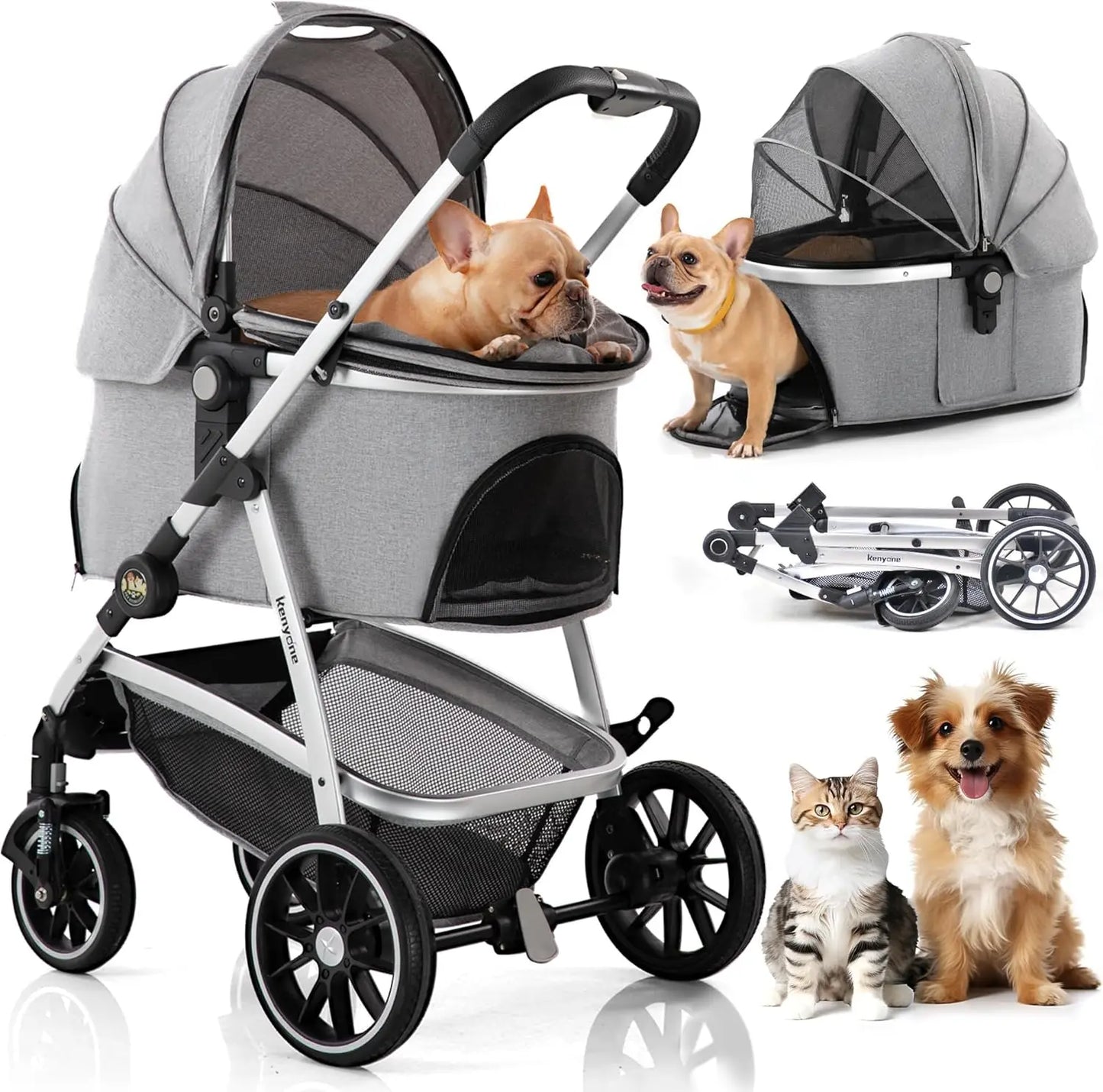 Kenyone Pet Stroller 3 in 1 Dog Stroller for Medium Small Size Dogs, Large Cat Stroller with Detachable Carrier for Puppies