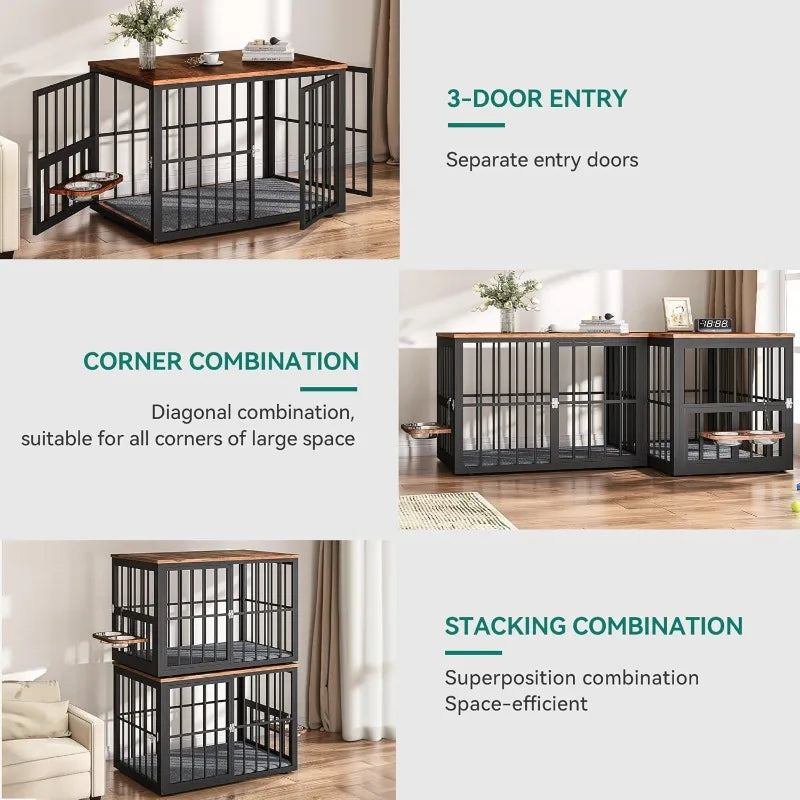 Large Corner Dog Crate Furniture for 2 Dogs 4 Combination Forms Wooden Dog Kennel Dog Bowls & 3 Doors Furniture TV Stand