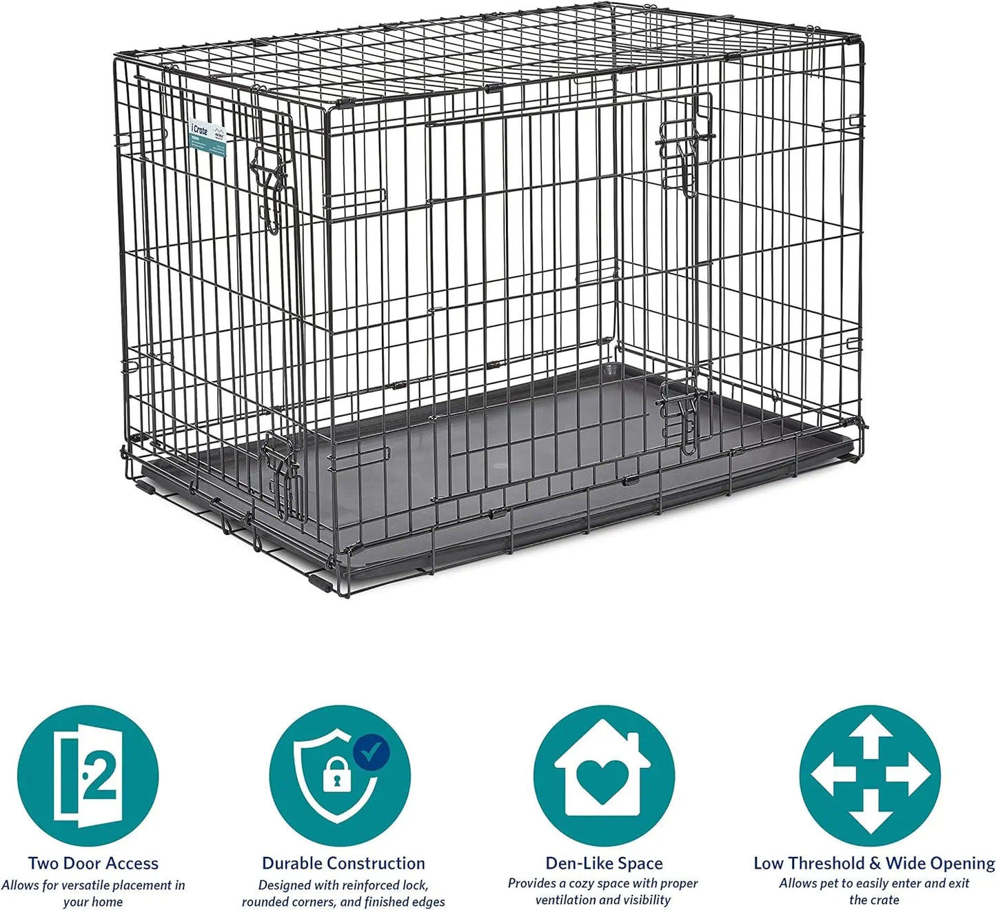 US Double Door iCrate Dog Crate with Leak-Proof Pan, Floor Protection Feet, Divider Panel, Newly Enhanced, US 29-48 Pets