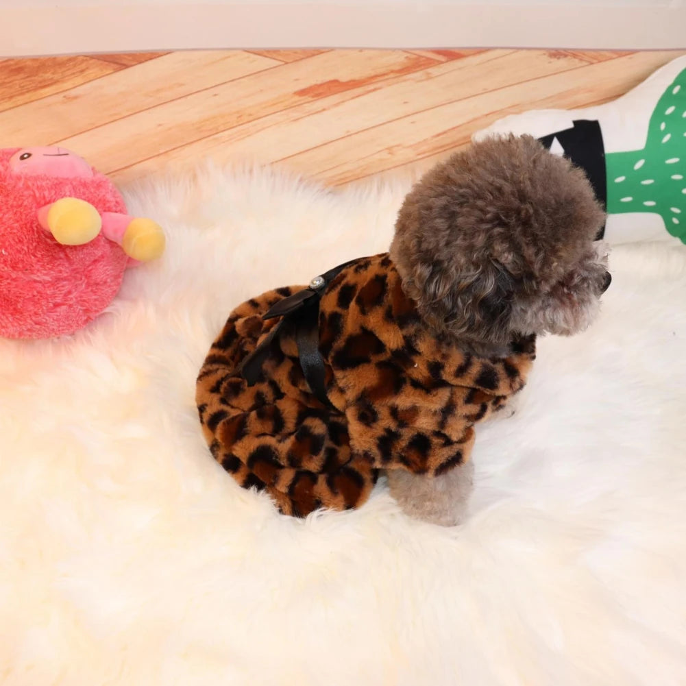 Winter Pet Clothes Elegant Luxury Fur Dress Warm Overcoat Small Dog Cat Clothes Bowknot Leopard Chihuahua Princess Party Dress