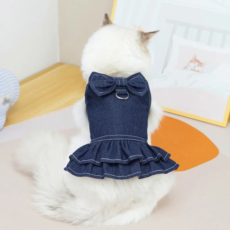 Pet Denim Dress Spring Summer Comfortable Puppy Summer Dress for Small Medium Dog Cats Cute Bow-Knot Dog Skirt