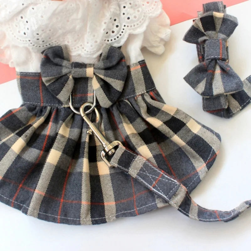 Pet Harness Dress With Leash Set Princess Dog Dress For Small Dog Fashion Simple Plaid Puppy Dresses With D Ring Clothes Outfits