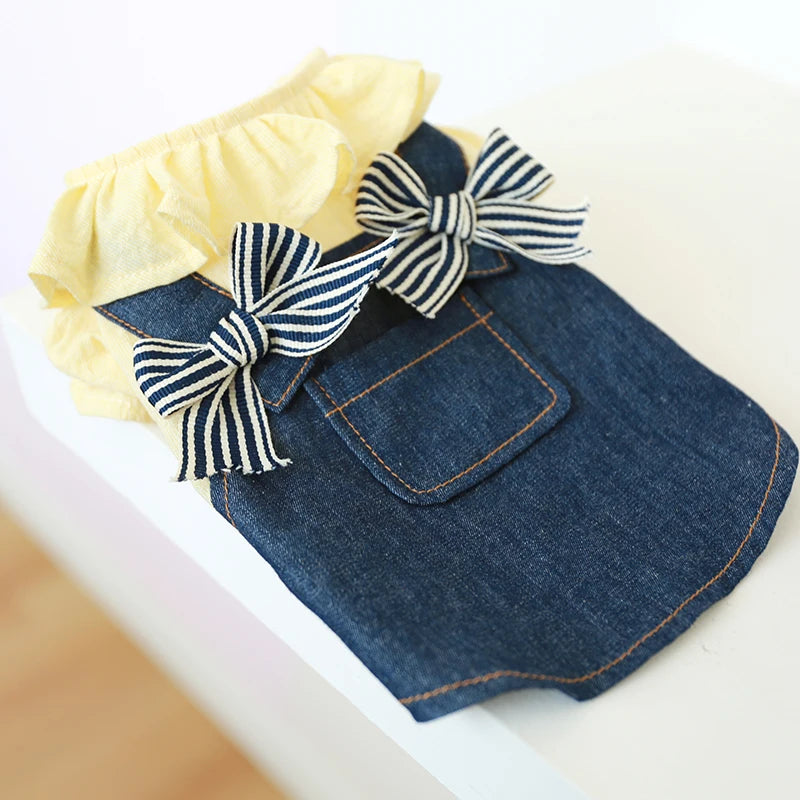 1PC Pet Apparel Spring/Summer/Autumn Thin Yellow Denim Bow Strap Princess Dress Suitable for Small and Medium sized Dogs